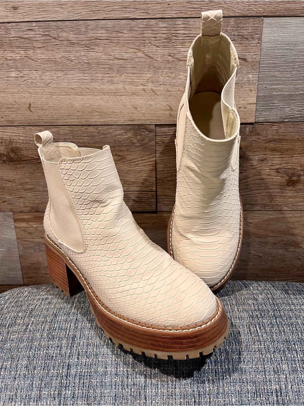 MIA Alejandro ivory snake-embossed platform Chelsea boots 8.5